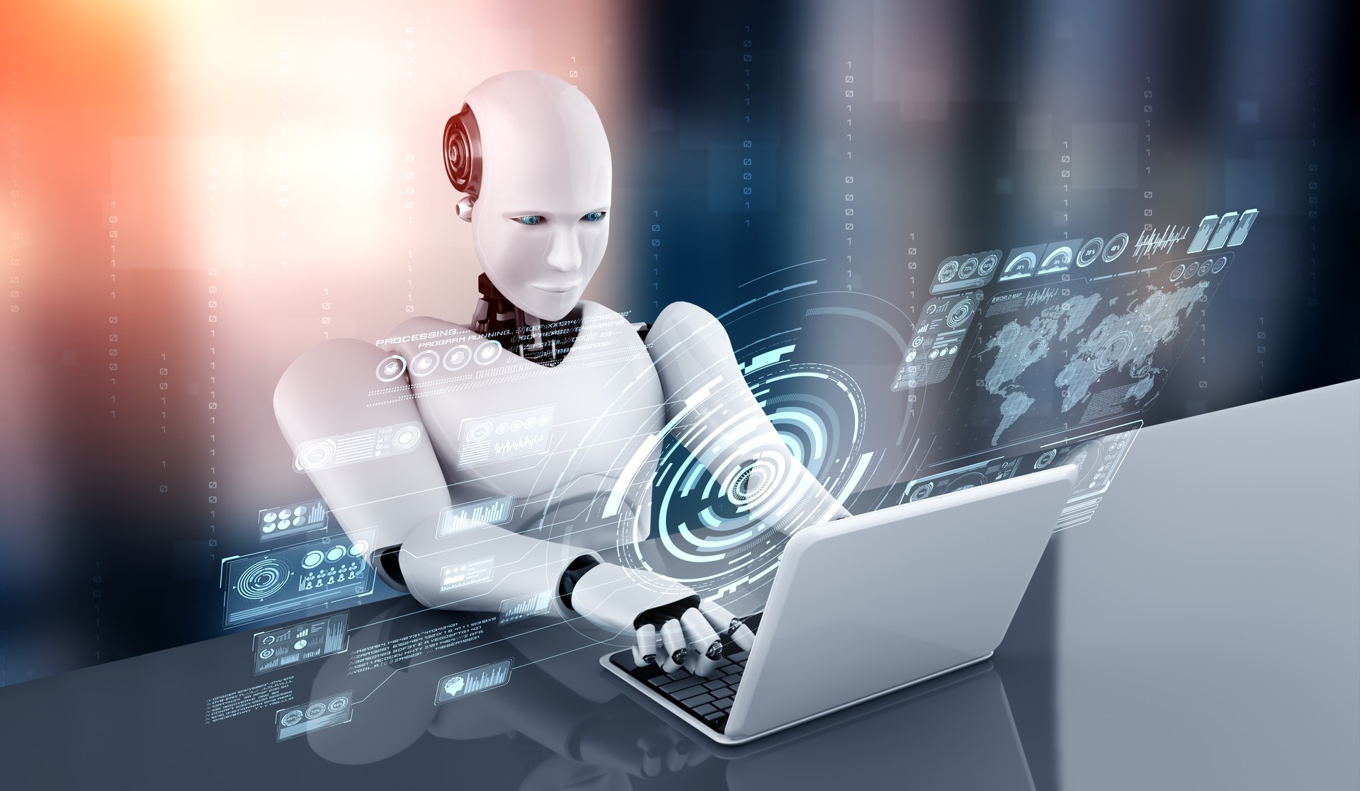 Robot humanoid use laptop and sit at table for big data analytic